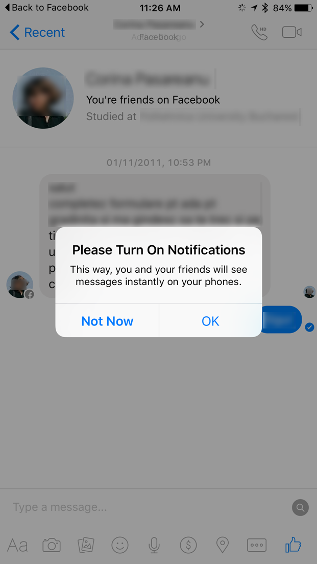 Кнопка Recent в приложении Messenger