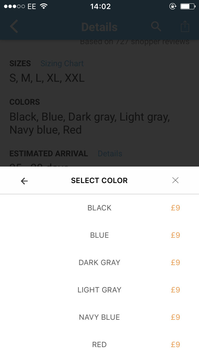 Выбор цвета после клика по кнопке «купить»